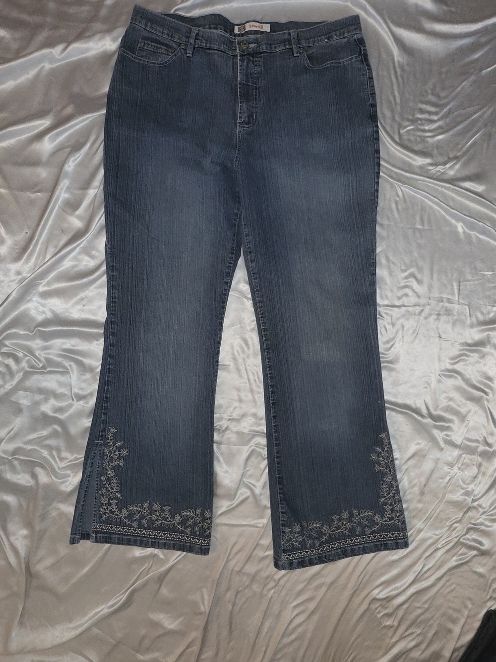 Faded Glory Dark Blue Flare Jeans with Hem Embroidery
